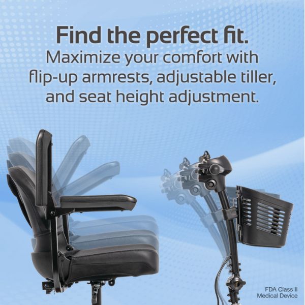 Rascal Venture 4-Wheel Portable Mobility Scooter Showing the Adjustable Tiller and Seat