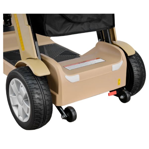 Reyhee Flex 4-Wheel Folding Electric Mobility Scooter Tan Color Motor and Rear Tires View