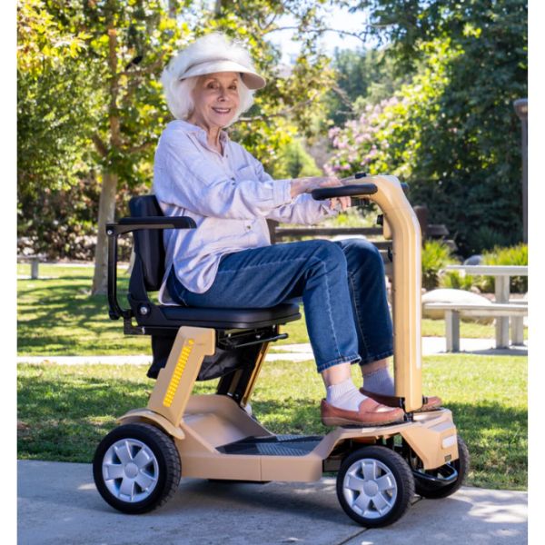 Reyhee Flex 4-Wheel Folding Electric Mobility Scooter Tan Color with Rider View