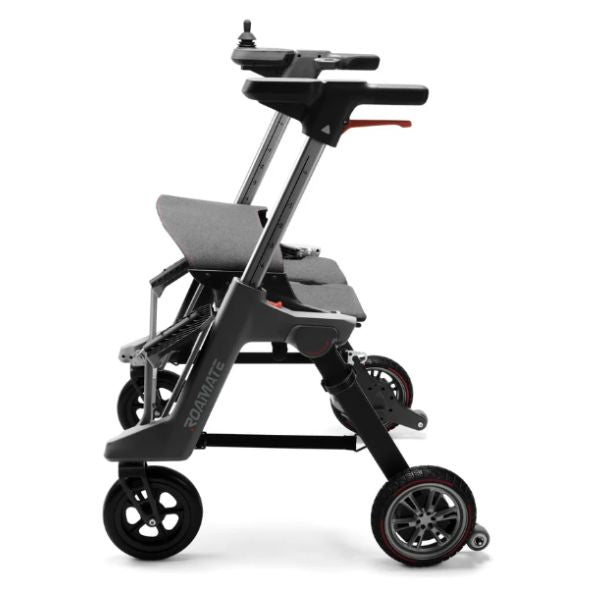Roamate 3-in-1 Rollator Transport Electric Wheelchair Black in Left Side View, Seat Folded