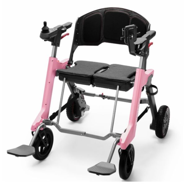 Roamate 3-in-1 Rollator Transport Electric Wheelchair in Color Pink Left Angle View