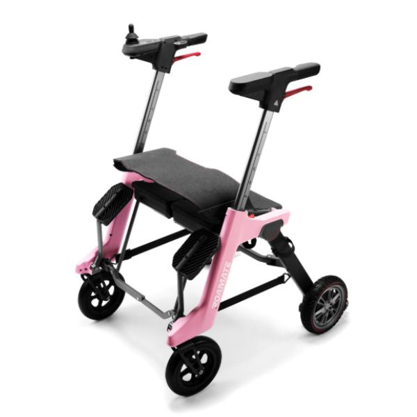 A pink Roamate 3-in-1 Rollator Transport Electric Wheelchair with a seat and adjustable handle shown on a clean white background.