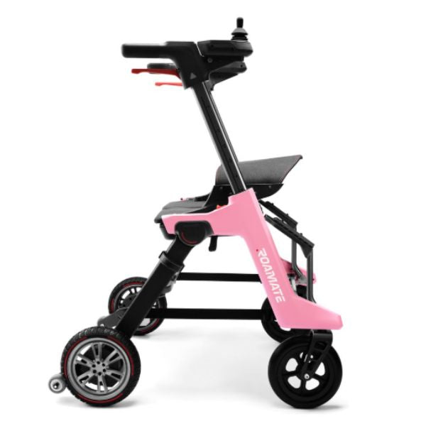 Roamate 3-in-1 Rollator Transport Electric Wheelchair in Pink Left Side View with Roamate Branding