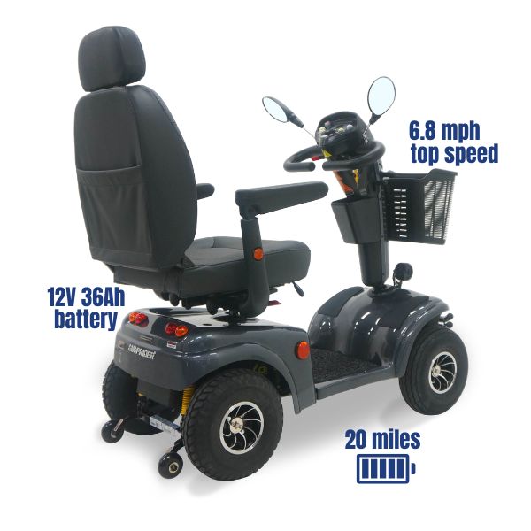 Shoprider Expedition XL4 mobility scooter with long-lasting dual 36Ah batteries for extended range travel.