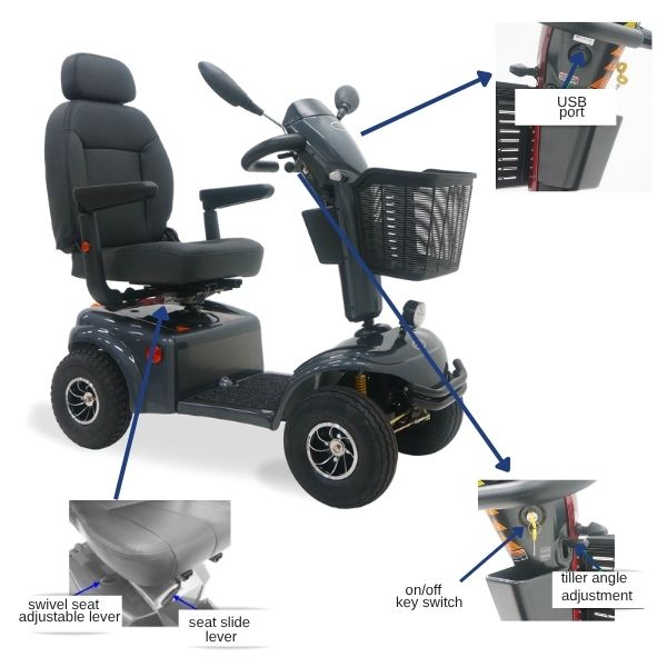 Shoprider Expedition XL4 captain’s seat with adjustable armrests and ergonomic tiller for comfort and accessibility.