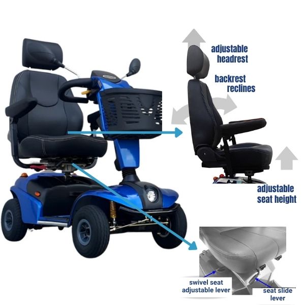 Shoprider Explorer captain’s seat with adjustable armrests and 360-degree swivel design.