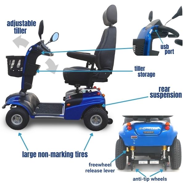 Shoprider Explorer mobility scooter featuring large non-marking tires, rear suspension, high ground clearance, adjustable tiller, and built-in USB charging port.