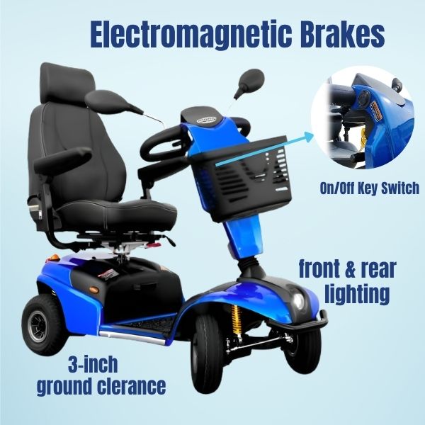 Shoprider Explorer mobility scooter showing rear anti-tip wheels, bright front headlight, and solid flat-free tires designed for safe, stable, and reliable rides.