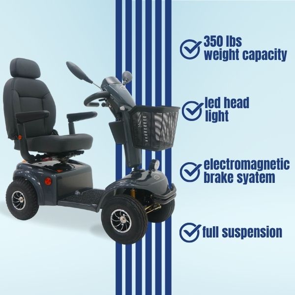 Shoprider Expedition XL4 heavy-duty mobility scooter with 4-wheel design and full suspension for all-terrain stability.