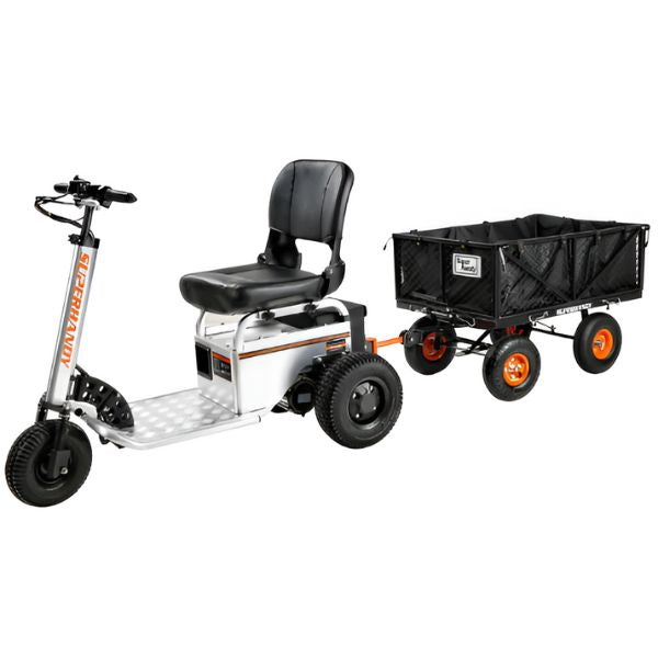 SuperHandy Heavy-Duty Garden Cart With Tow and Dump Capability Showing it Attached as a trailer to the Electric Tugger Tow Car and Riding Scooter
