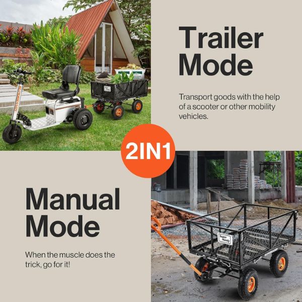 SuperHandy Heavy-Duty Garden Cart With Tow and Dump Capability Showing it's 2 Mode of Use