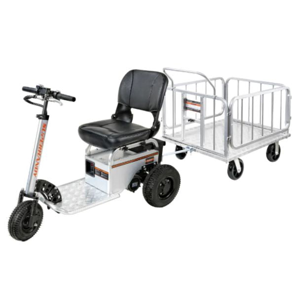 SuperHandy Heavy-Duty Platform Truck & Trailer Cart Shown Attached to the Electric Tugger Tow Car and Riding Scooter