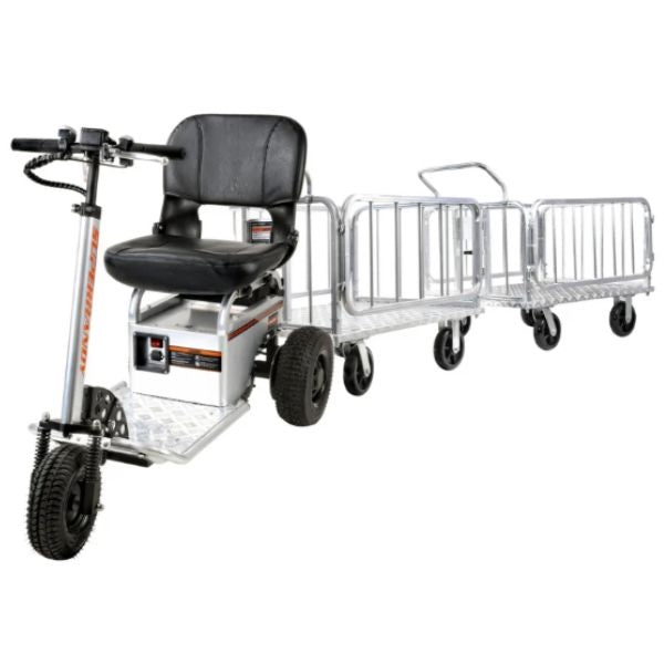 SuperHandy Heavy-Duty Platform Truck & Trailer Cart Shown Attached to the Electric Tugger Tow Car and Riding Scooter Like a Train