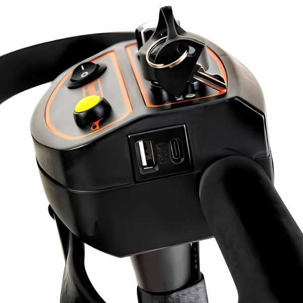 SuperHandy Passport Prime Foldable Mobility Scooter  Control Panel Showing the USB Port
