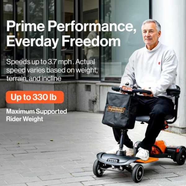 SuperHandy Passport Prime Foldable Mobility Scooter Showing the its Max Speed nad Weight Capacity