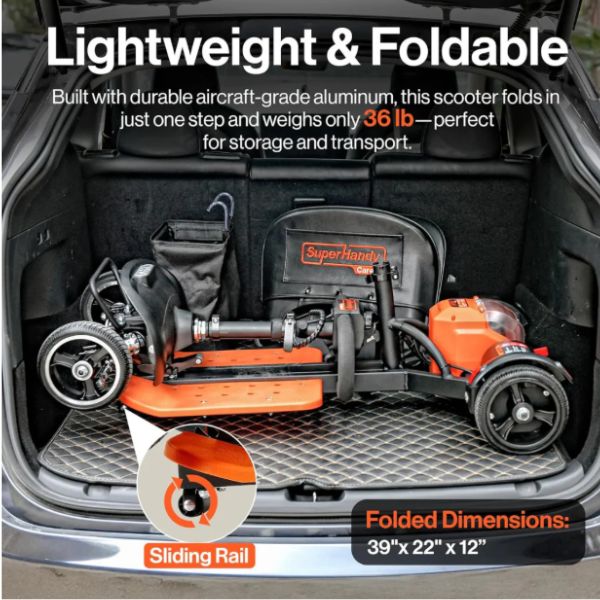 SuperHandy Passport Prime Foldable Mobility Scooter Showing the scooter fitting on a Car Trunk