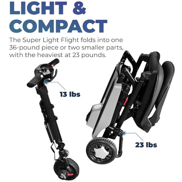 Super Light Flight Folding Travel 3-Wheel Mobility Scooter Fold & Go Design with Parts Weights