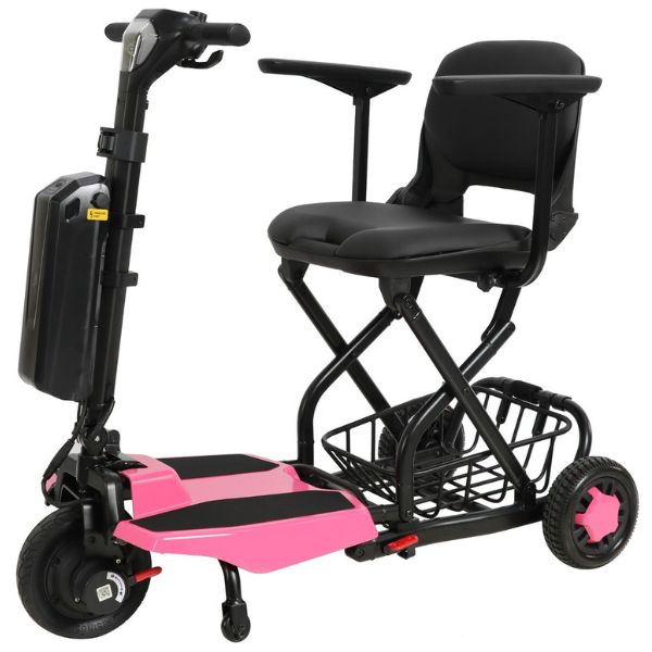 Super Light Flight  Folding Travel 3-Wheel Mobility Scooter In Rosey Pink Color