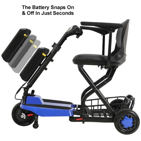 Super Light Flight Folding Travel 3-Wheel Mobility Scooter Shows the Battery Snaps On and Off in Seconds