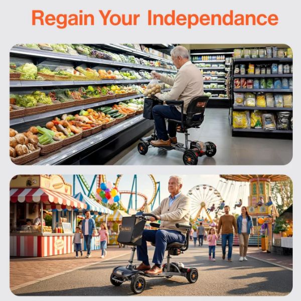 Man using the Superhandy Passport Flex 4-Wheel Mobility Scooter in a grocery store and at an amusement park with text 'Regain Your Independence'.