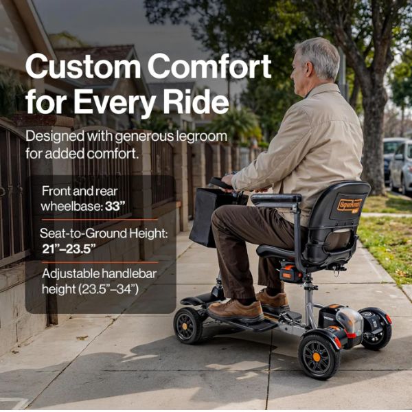 Man using the Superhandy Passport Flex 4-Wheel Mobility Scooter with text highlighting features on a sidewalk.