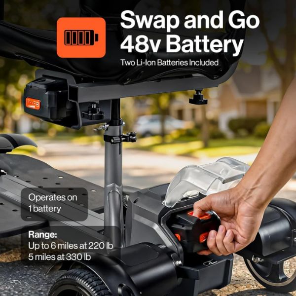 Superhandy Passport Flex 4-Wheel Mobility Scooter with 'Swap and Go 48v Battery' feature, showing a hand swapping a battery.
