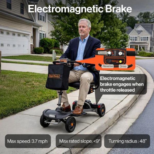 Man riding a Superhandy Passport Flex 4-Wheel Mobility Scooter with an electromagnetic brake system on a sidewalk.