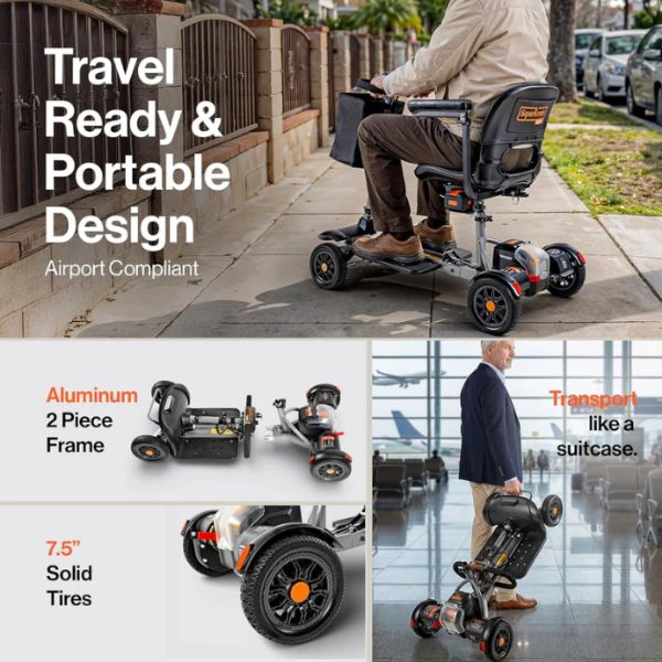 Superhandy Passport Flex 4-Wheel Mobility Scooter with text highlighting features and airport compliance.