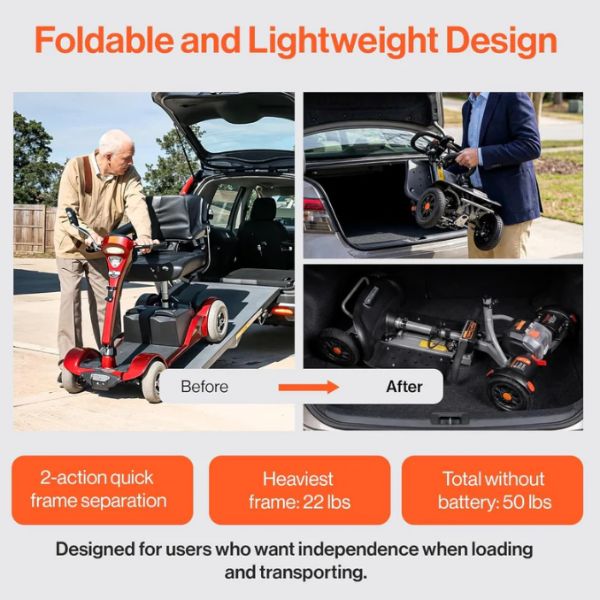Superhandy Passport Flex 4-Wheel Mobility Scooter being loaded into a car trunk with text highlighting features.