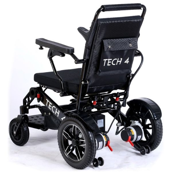 Tech 4 Remote Control Folding Power Wheelchair  in Black Frame Back Left Side Up View