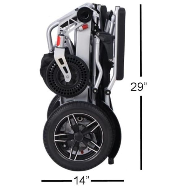 Tech 4 Remote Control Folding Power Wheelchair  in Silver Frame Folded with Dimensions Shown