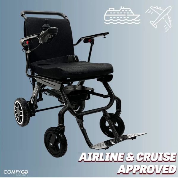 ComfyGo IQ-Carbon Fiber Lightweight Electric Wheelchair on a light blue background, featuring 'Airline & Cruise Approved' text.