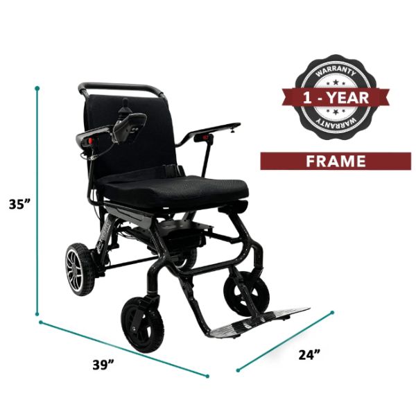 ComfyGo IQ-Carbon Fiber Lightweight Electric Wheelchair with dimensions labeled on a white background
