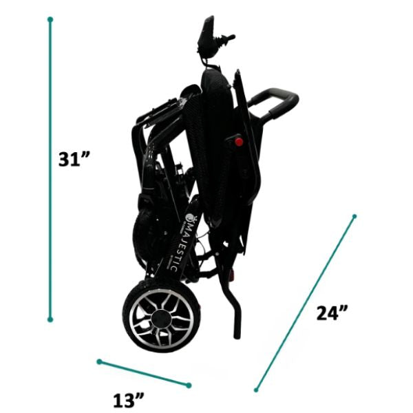 ComfyGo IQ-Carbon Fiber Lightweight Electric Wheelchair with dimensions labeled on a white background