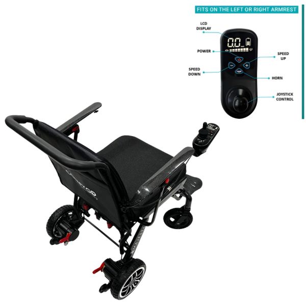 ComfyGo IQ-Carbon Fiber Lightweight Electric Wheelchair with control panel on a white background