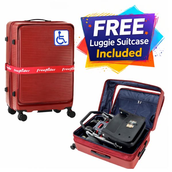 Free Luggie suitcase included promotion showing a red Luggie travel suitcase and an open suitcase with a folded luggie scooter inside.