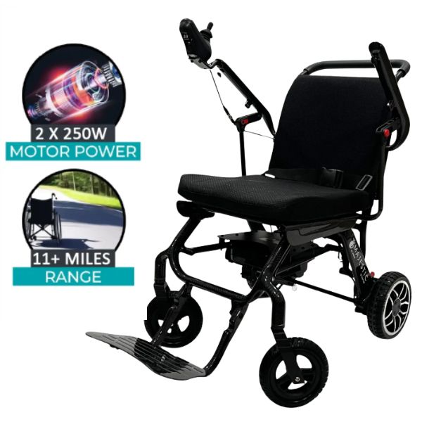 ComfyGo IQ-Carbon Fiber Lightweight Electric Wheelchair with motor power and range information on a white background