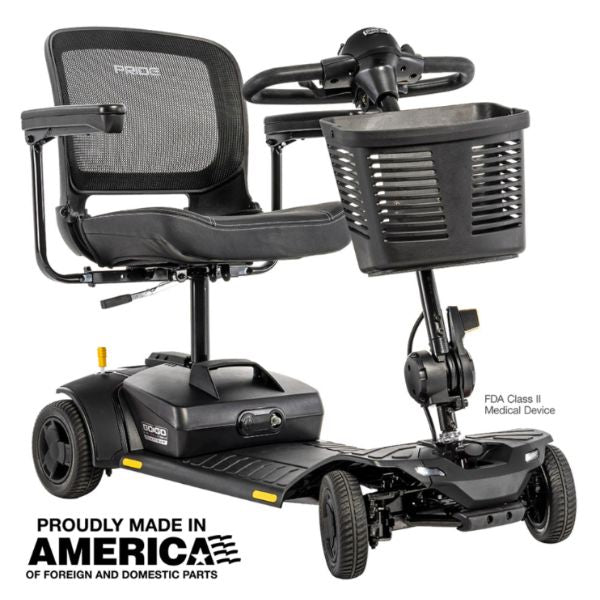 Pride Go-Go Elite Traveller® Gen 3 Platinum 4-Wheel Mobility Scooter in Black with text Proudly Made in America