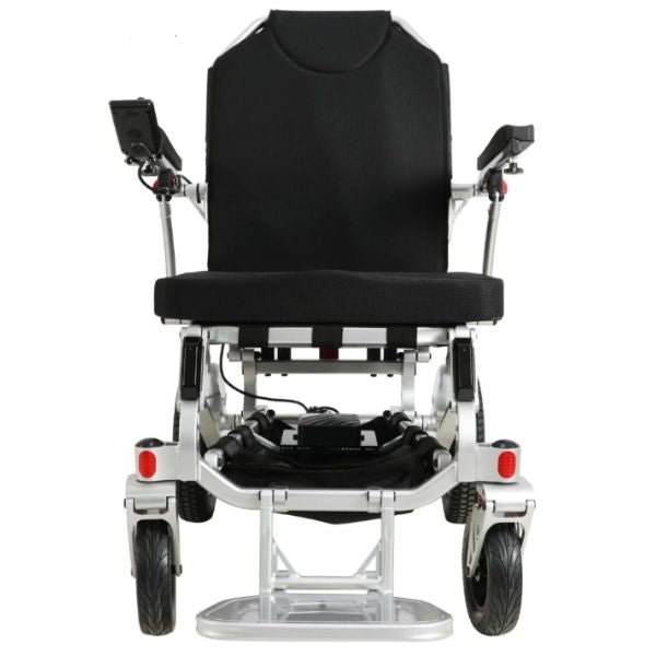 Zeus Heavy Duty Folding Power Wheelchair In Silverado Silver Frame Front View