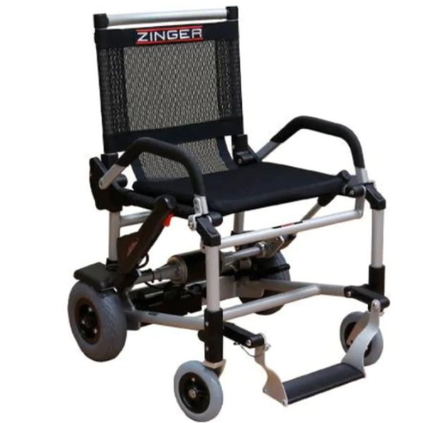 A compact and foldable power wheelchair, the Zinger Portable Folding Power Wheelchair, designed for easy transportation and maneuverability.