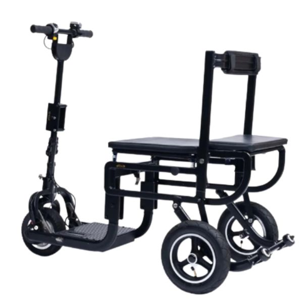 A lightweight mobility scooter, the eFoldi Lite, is showcased in this image. It features a sleek design with a foldable frame, making it convenient for transportation and storage. The scooter is electric-powered and offers enhanced mobility for individuals with limited mobility.
