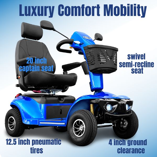 Shoprider Excursion heavy-duty scooter riding smoothly over outdoor terrain with full suspension and pneumatic tires.