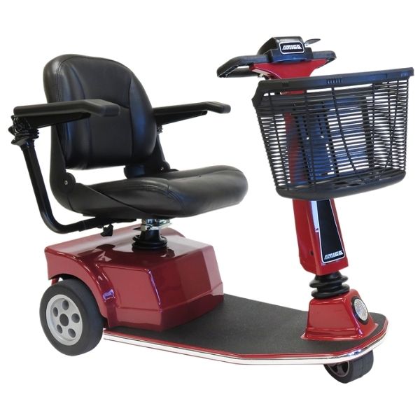 A red Amigo RT Express 3-wheel mobility scooter, shown from the right side view, available for purchase on Electric Wheelchairs USA