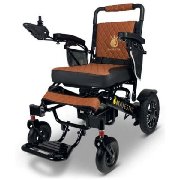 "A black frame ComfyGo IQ-7000 remote control folding electric wheelchair with a taba color seat."
