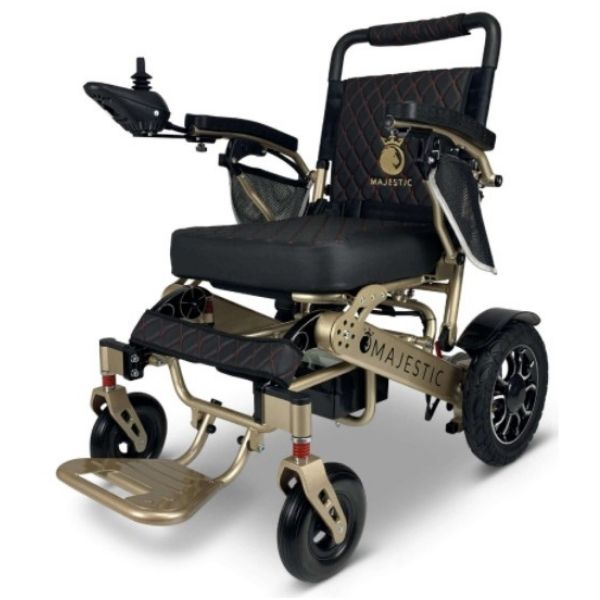 "A bronze frame ComfyGo IQ-7000 remote control folding electric wheelchair with a black seat"