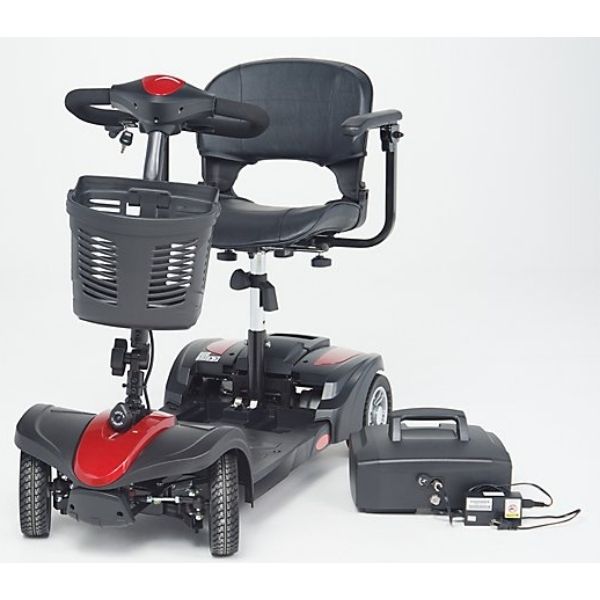 Image of the EV Rider Mini Rider Lite 4-Wheel Mobility Scooter, showcasing its front view and battery compartment.