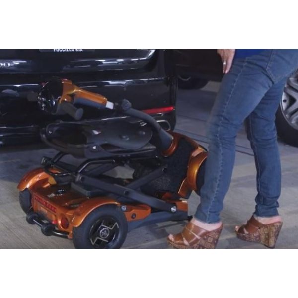 EV Rider TeQno AF Folding Mobility Scooter Gold Metallic Tiller View