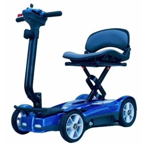 Image of a blue EV Rider Transport AF4W folding mobility scooter from Electric Wheelchairs USA.