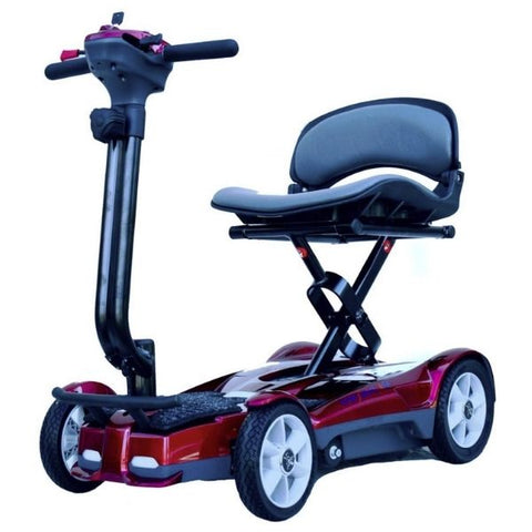 A metallic red EV Rider Transport AF4W Folding Mobility Scooter is shown in the image.