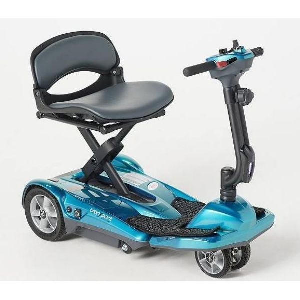 Image of a blue EV Rider Transport AF Deluxe Folding Electric Scooter, viewed from the front.